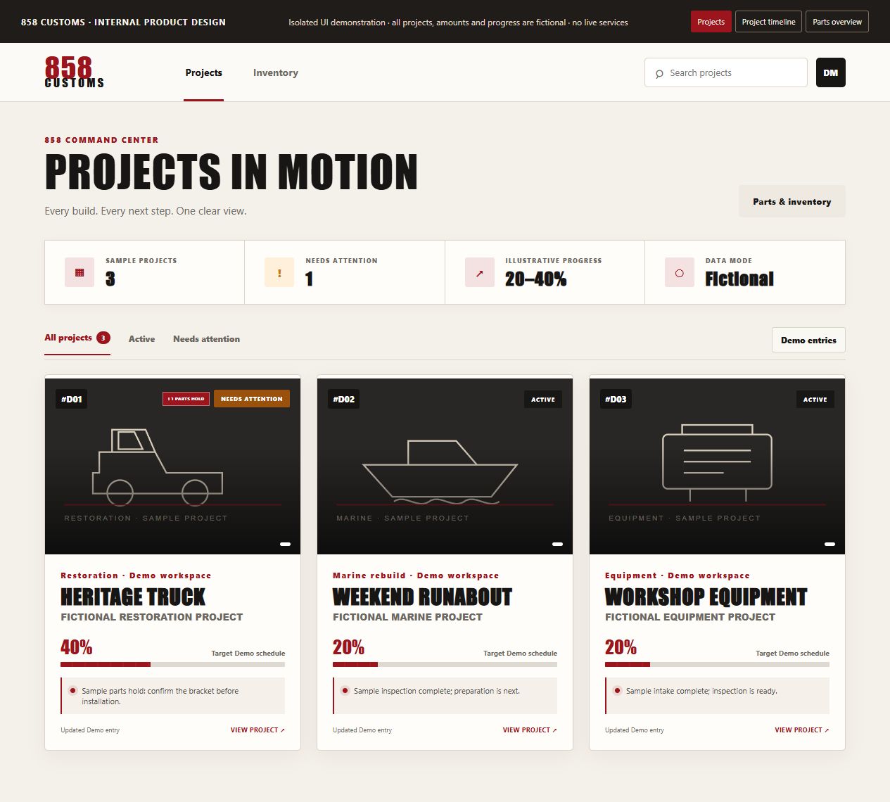 858 Customs project dashboard with fictional demonstration projects
