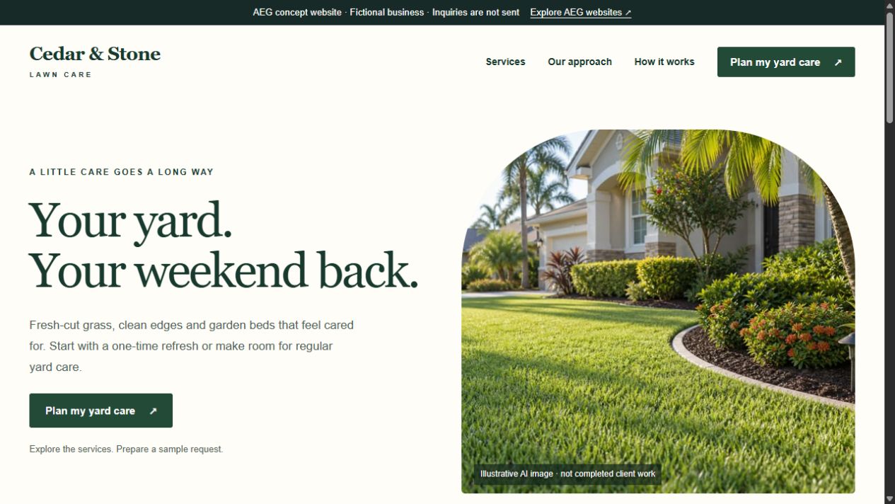 Cedar & Stone fictional website, with AI-generated illustrative imagery