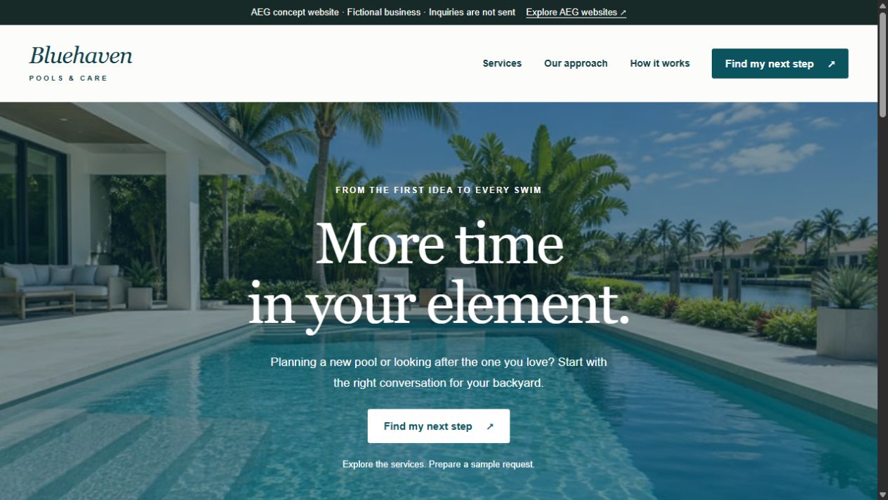Bluehaven fictional website, with AI-generated illustrative imagery