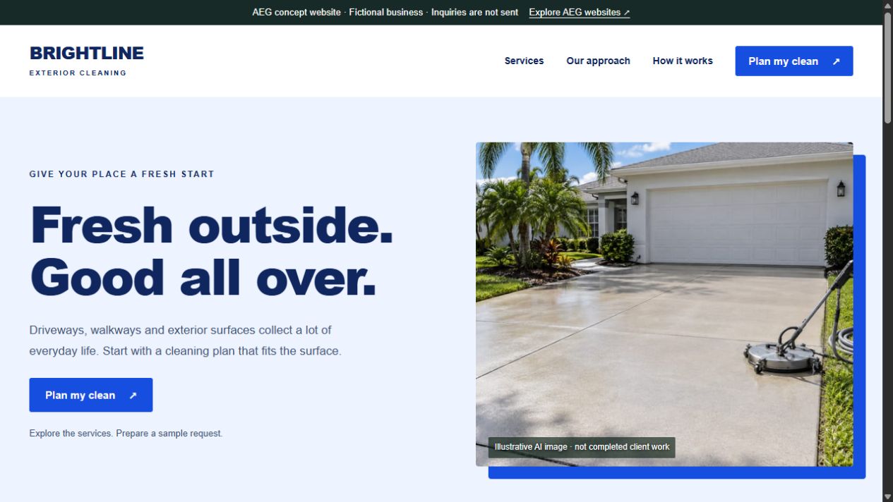 BRIGHTLINE fictional website, with AI-generated illustrative imagery