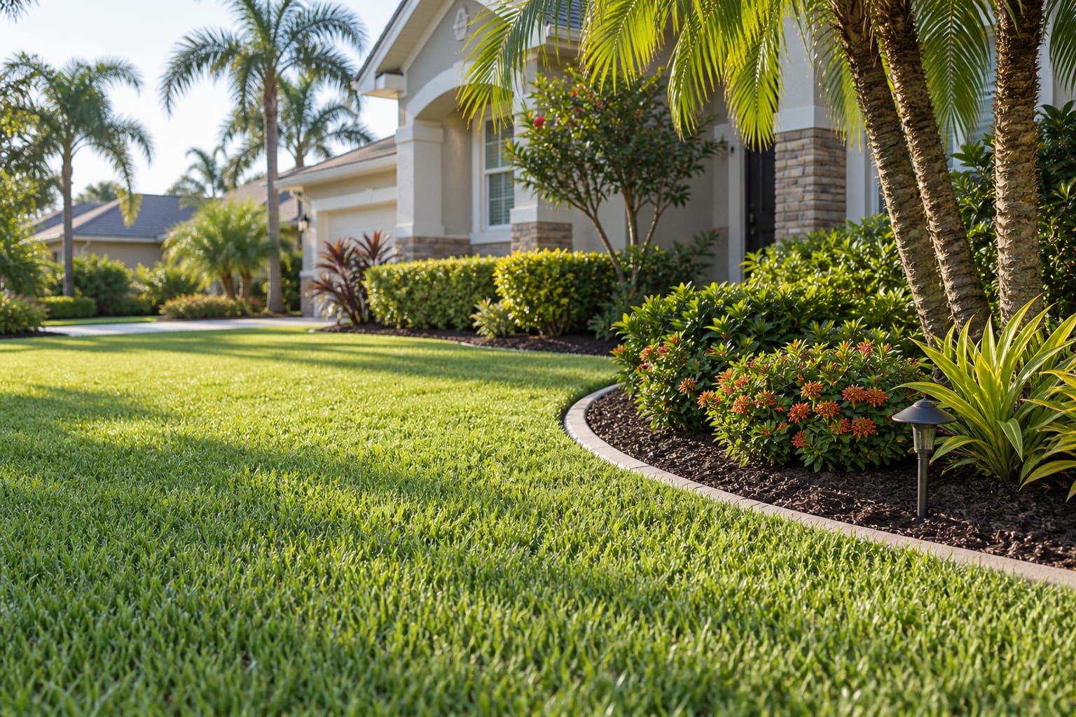 AI-generated example of a neatly edged lawn, fresh mulch and residential garden beds.