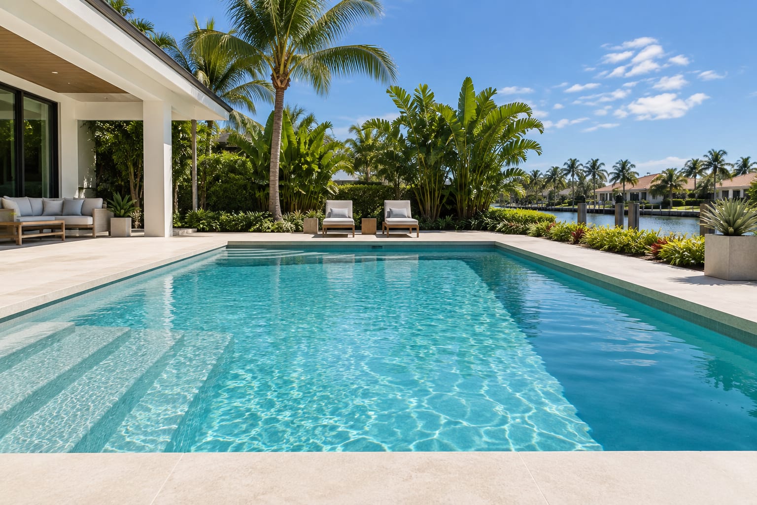 AI-generated concept of a modern backyard pool with pale coping and tropical planting.