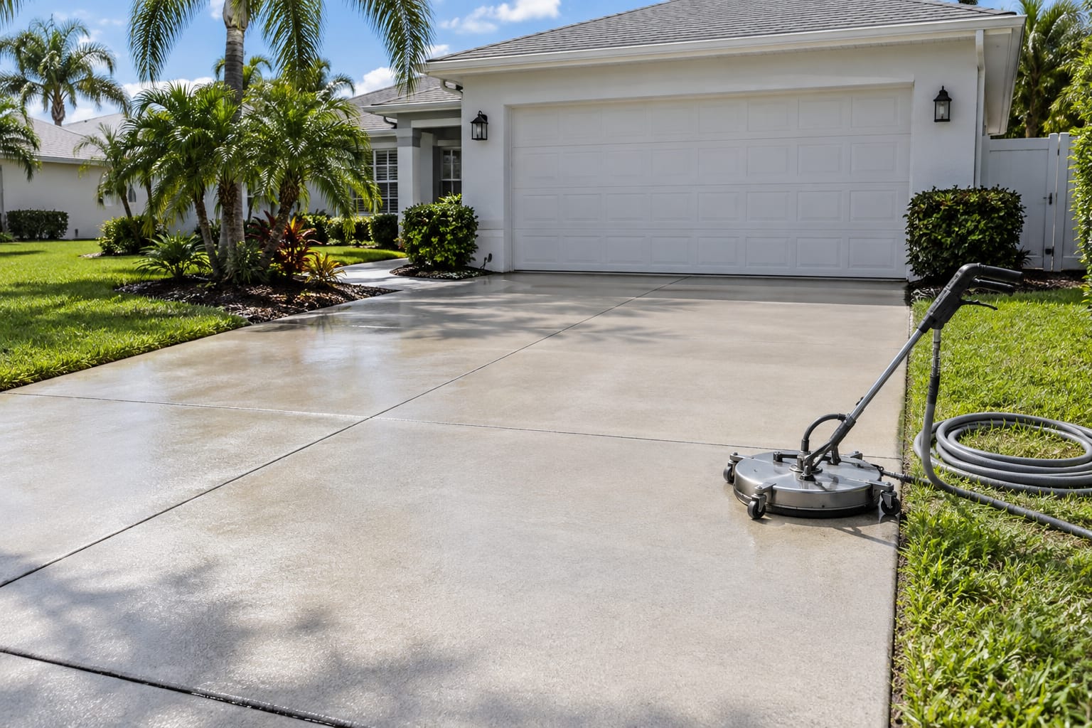 AI-generated illustration of a clean residential driveway with a surface cleaner and hose.