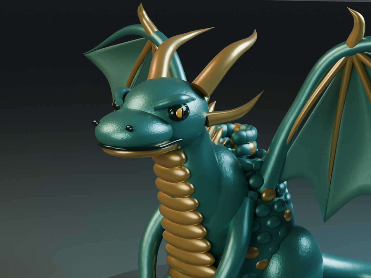 Close view of the dragon’s modeled face, horns, scales and wing details.