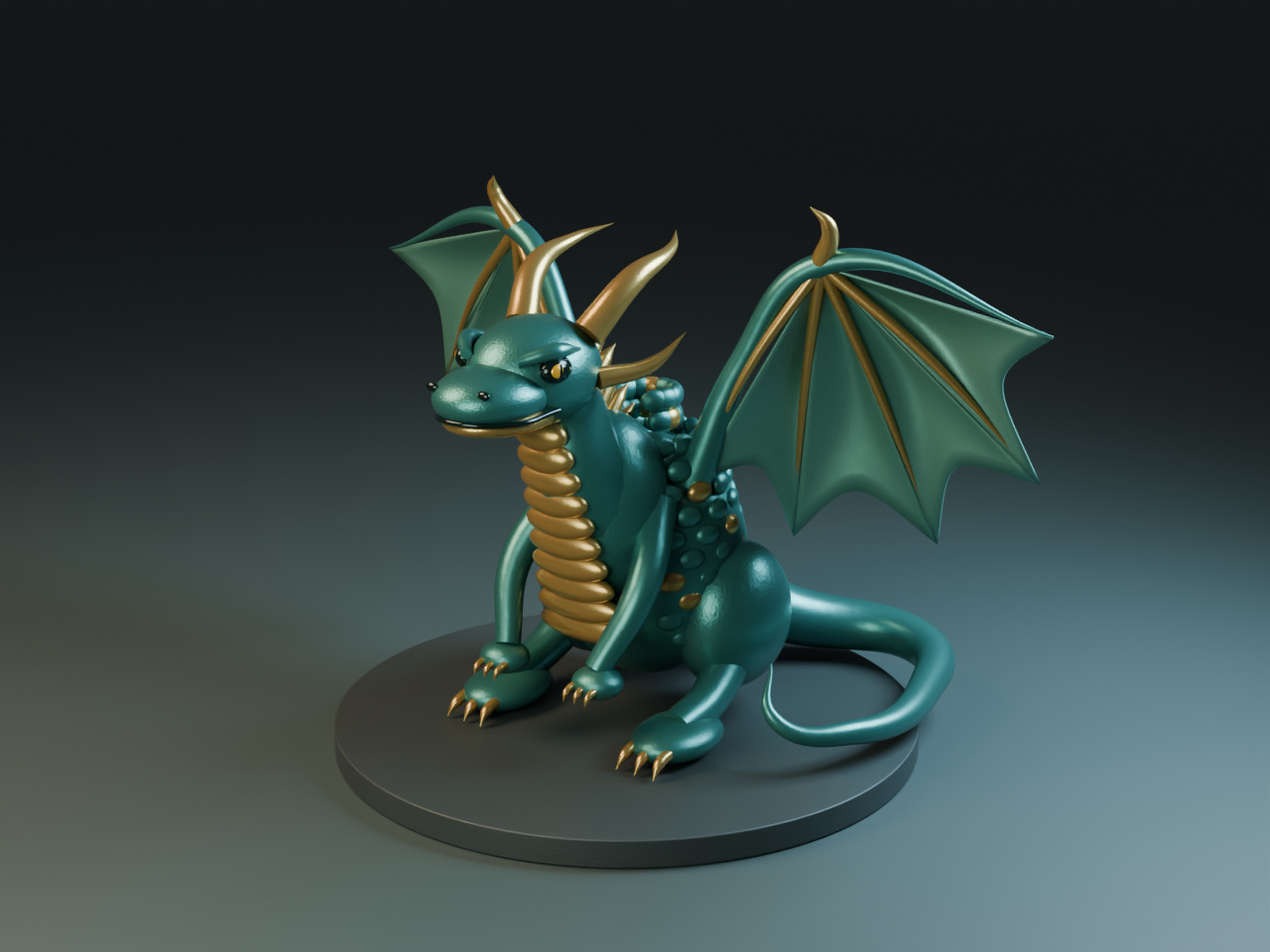 Three-quarter render of a small jade-and-bronze dragon with raised wings and a curled tail.