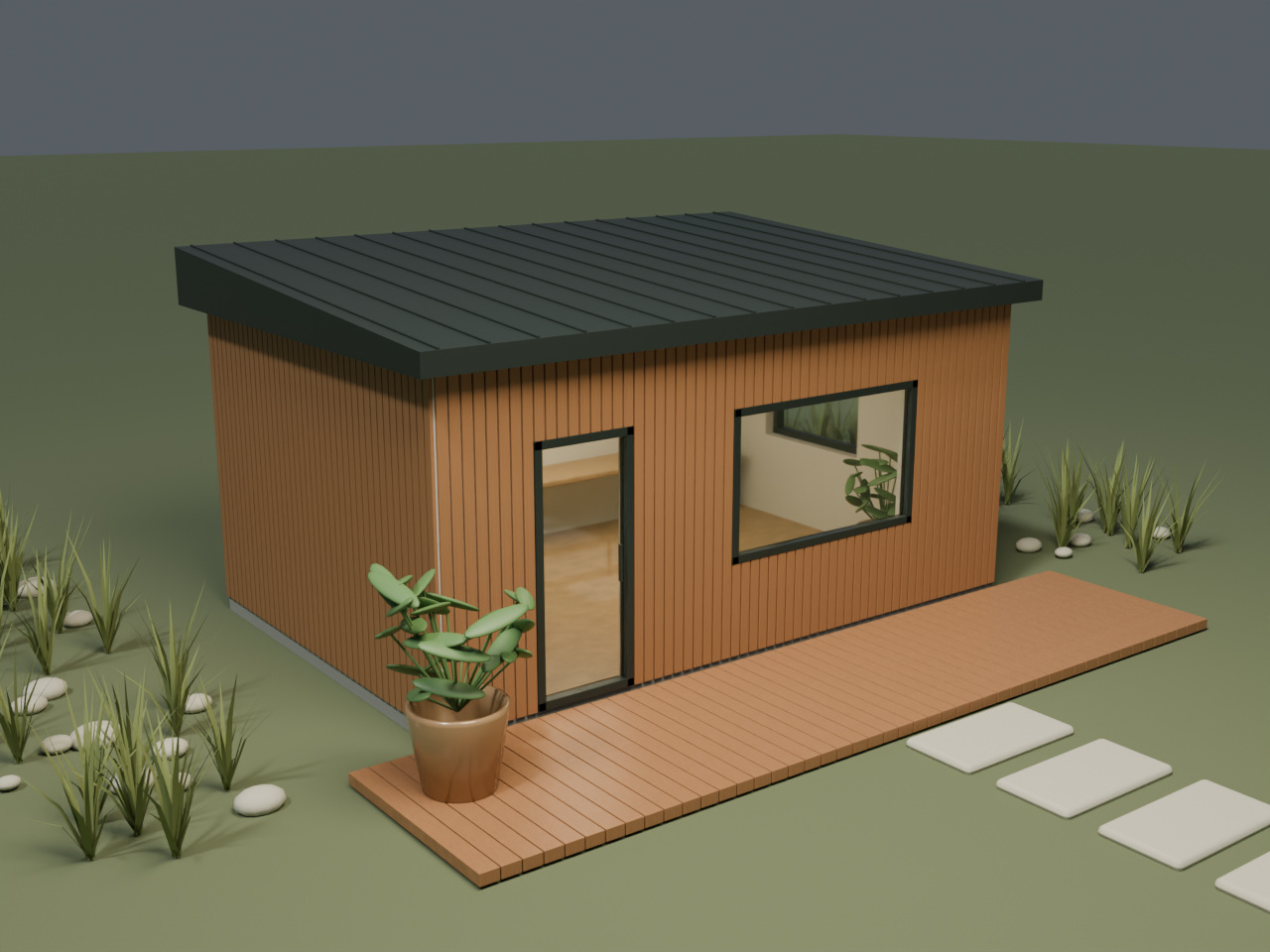 Second view of the same modeled timber garden studio, showing its openings and interior layout.