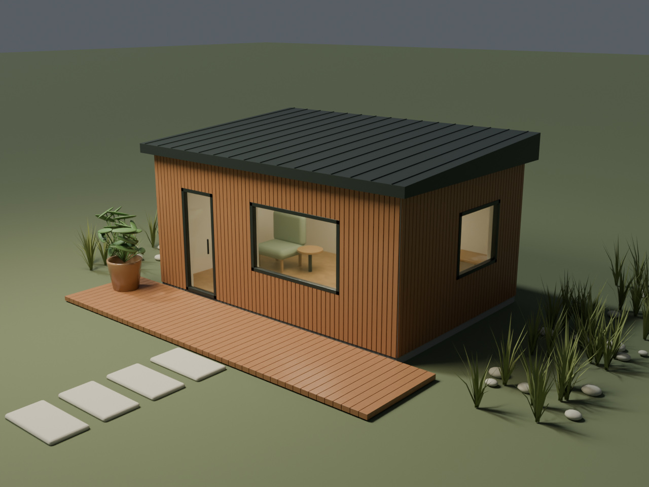 Three-quarter concept view of a timber garden studio with a dark sloping roof, front door, large window and deck.