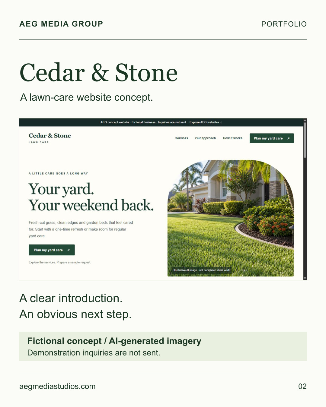 Cedar and Stone fictional lawn-care website portfolio graphic with visible AI-image and unsent-demo labels.