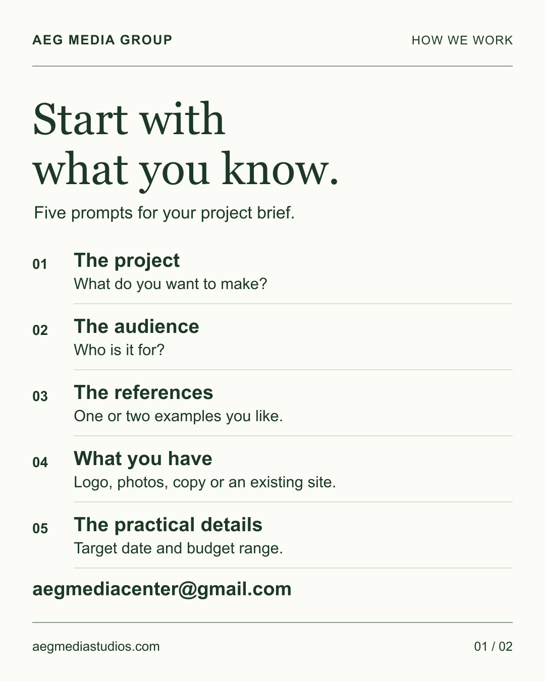 AEG project brief checklist asking for the project, audience, references, available assets, date and budget.