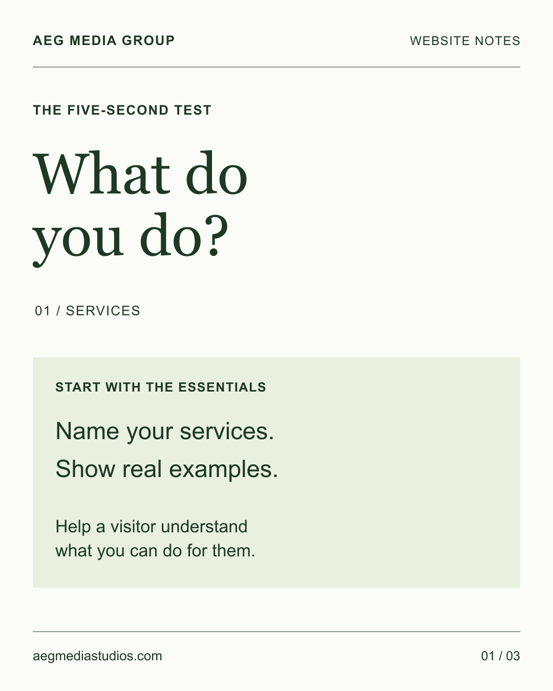 AEG education graphic: The five-second test. What do you do? Name your services, show real examples and help visitors understand your offer.