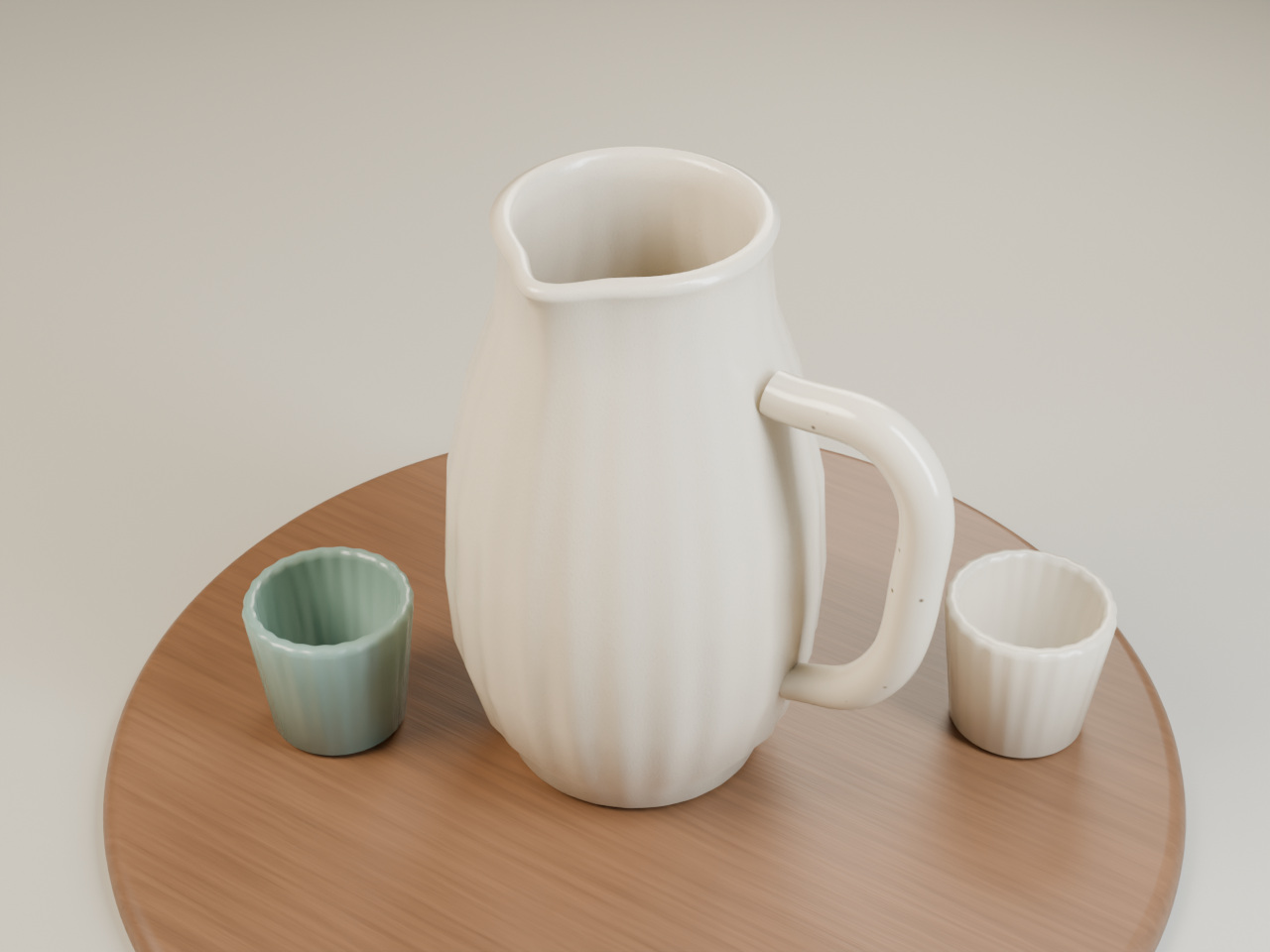 Detail render of the carafe’s hollow rim, pour lip and fluted glaze beside the two cups.