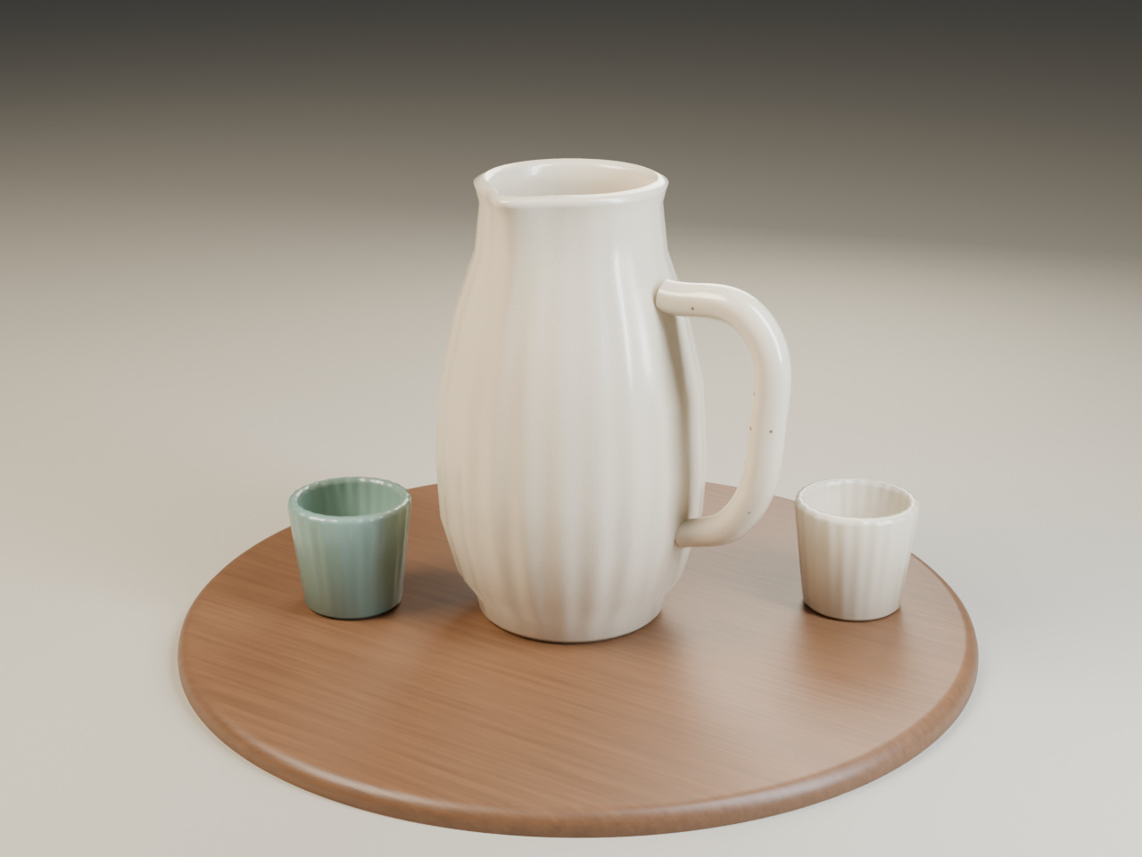 Realistic render of a cream ceramic carafe, sage tumbler and cream tumbler on a walnut board.